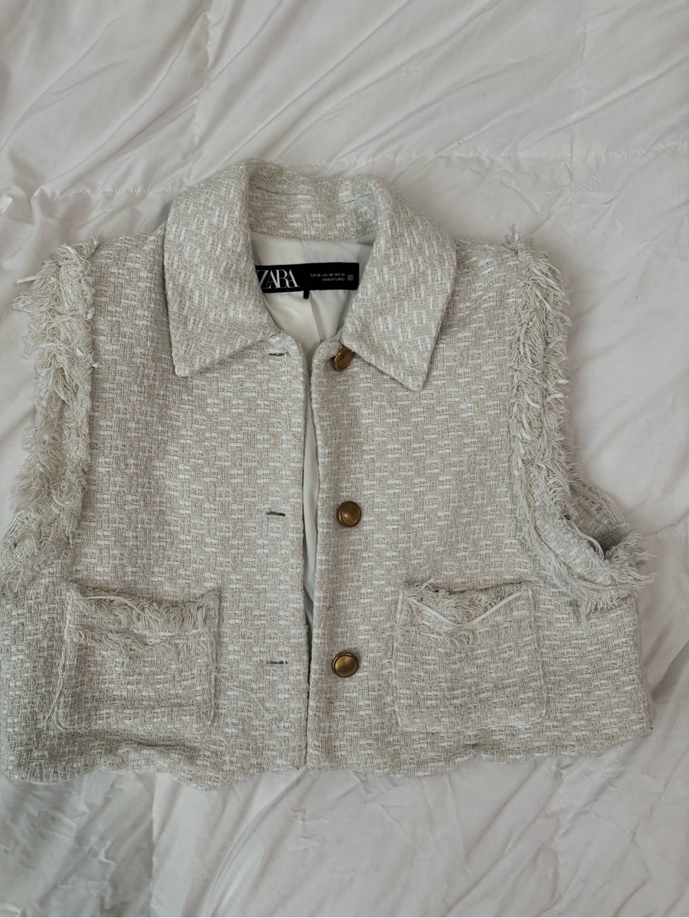 ZARA Cream Tweed Fringe Cropped Vest - Size XS
